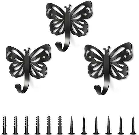 Midukit Butterfly Design Wall Hooks for Towel and Coat: 20LB Screw in Aesthetics Metal Hanger Wall Mount for Living Room, Bathroom, Kitchen, Bedroom for Coat, Bag, Scarf, Towel, Hat, Key, Cup, 3 Pack