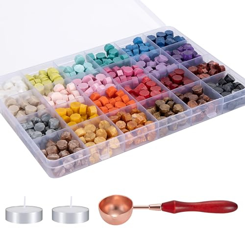 Cera per Sigilli, Kit di Perline di Ceralacca 600 Pezzi Set di Cere Adesive Ottagonali con Candele del Tè Cucchiaio Timbro di Cera per Buste Biglietto D'invito, DIY Invito di Compleanno Festa di Nozze