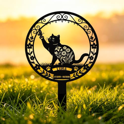 WBW Pierre Tombale Personnalisée Chien Chat Plaque Commémorative Funéraire，ChatB | Piquet Métallique Gravé sur Mesure avec Nom Date Message, Résistant Intempéries pour Jardin Cimetière Cadeau Souvenir