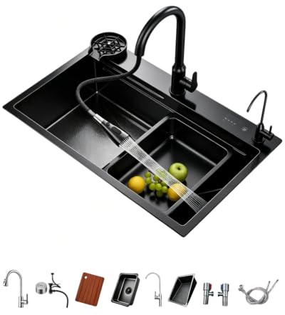 SQYHYTS Köksdiskho Med En Skål, Undermonterad Med Utdragbar Kran För Varmt Och Kallt Vatten Repfast, Undermonterad Diskho Grönsaksdiskho I Rostfritt Stål Med Nanobeläggning,Black,60×40cm