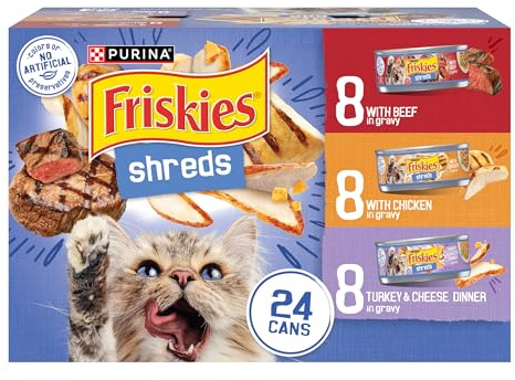 Purina Friskies Gravy Wet Cat Food Variety Pack, Shreds With Beef, With Chicken, and Turkey and Cheese Dinner - (Pack of 24) 5.5 oz. Cans