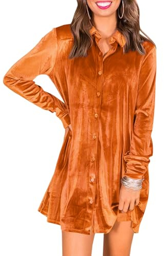 Ivay Women’s Spring Button Down Tshirt Dresses Velvet Tunic Dress with Pockets Grey