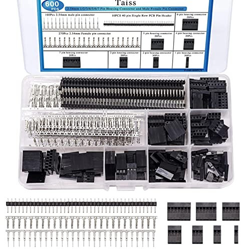 Taiss 600PCS JST connector kit 2.54mm 1/2/3/4/5/6/7 Pin Housing Connector and Male Female Crimp Pin,Dupont Crimp Pin Adaptor Assortment,Jumper Wire Cable Pin Header