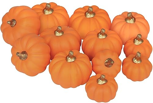 Ywlake Artificial Pumpkins 12Pcs Assorted Sizes Bulk Orange Harvest Lifelike Pumpkin Fake Foam Pumpkins Set for Fall Autumn Halloween Party Thanksgiving Holiday Decor Displaying