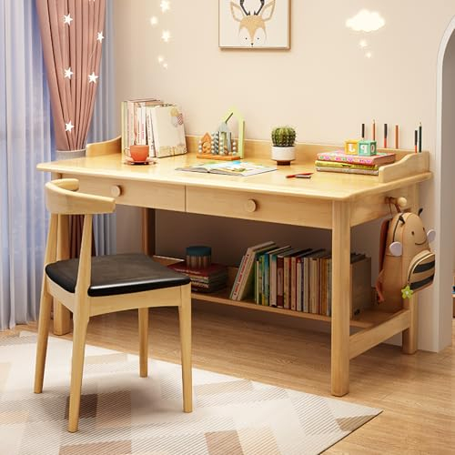 FAANAS Kinderschreibtisch mit Schubladen und Bücherregal Studentencomputerarbeitsplatz & Schreibtisch aus Holz Computerschreibtisch für Zuhause(31Inch, Natural)