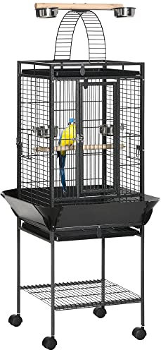 PawHut Gabbia per Pappagallini con 2 Posatoi in Legno e Scala ad Arco, Gabbia per Uccelli in Acciaio a Ingressi Multipli, 62.5x62.5x156 cm, Grigio