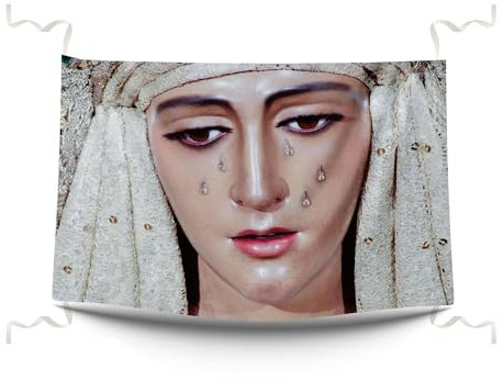 Pla Pla Pla Balconera Esperanza de Triana. Decoración religiosa de tela 100x70 cm. Balconera Triana decoración balcón. Tela impresa Virgen Esperanza de Triana.