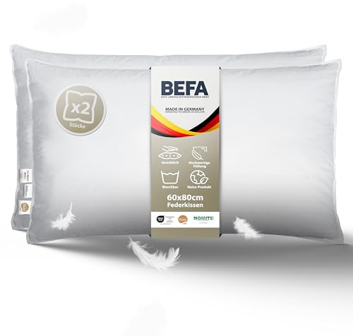BEFA NATUR Almohada de plumas de 60 x 80 cm, extrafirme (2 unidades), juego de almohadas 100 % plumas, peso de relleno de 2250 g/pieza, alérgicos (NOMITE), bienestar de los animales (DOWNPASS