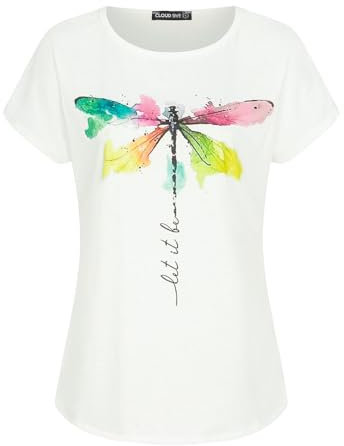 Cloud 5ive Damen T-Shirt Viskose Top mit Libellen Print weiss multicolor
