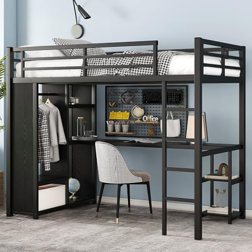 Twin XL Loft Bed with Desk and Storage Shelves, Twin XL Loft Bed with Wardrobe and Hanging Rod, Game Loft Bed with Guardrail and Ladder(Twin XL Balck)