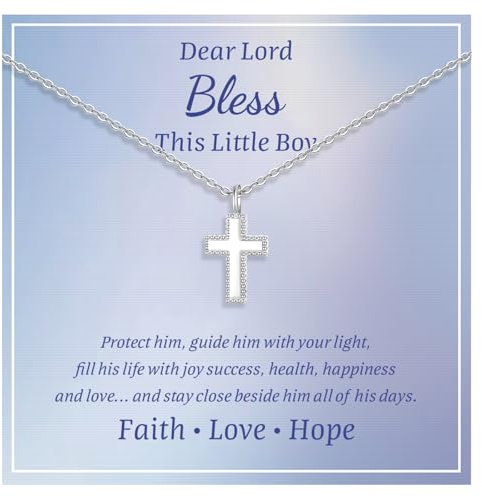 FLHEART Sterling Silver Cross Necklace for Kids - Dainty Cross Pendant Necklace Christening Gift for Godchild, Easter First Communion Confirmation Baptism Gifts for Boys Girls (Boy, Silver)
