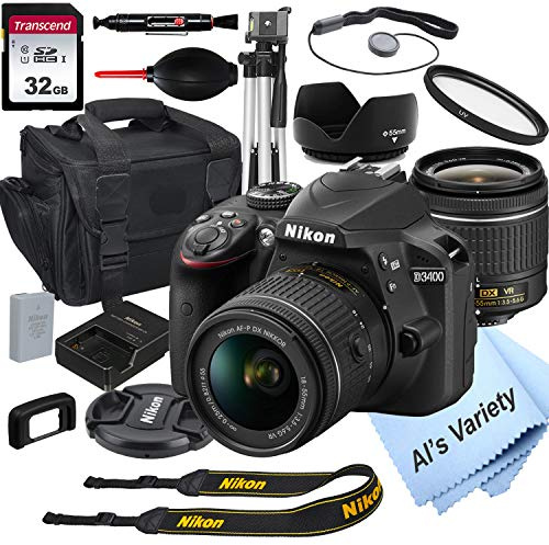 Nikon D3400 DSLR Camera with 18-55mm VR Lens + 32GB Card, Tripod, Case, and More (18pc Bundle) (Renewed)