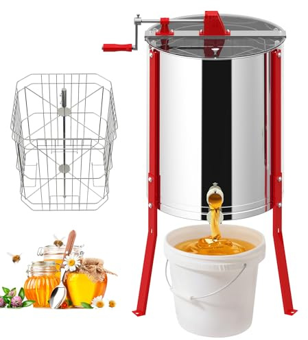 Aufun Essoreuse à miel manuelle à 4 alvéoles - En acier inoxydable - Extracteur de miel - Avec couvercle et support réglable - 101-111 cm - Apiculture et apiculteur