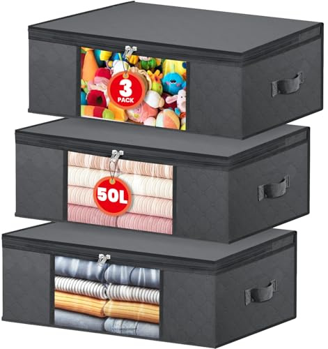NEWSONA Pack de 3 Bolsas de Almacenamiento Plegables 50L – Gris Oscuro – Tela de 3 Capas con Ventana Transparente – para Ropa, Mantas, Cama, Armario