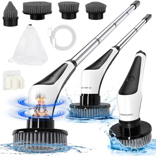 Cepillo Eléctrico Limpieza Hogar, [IPX8 Impermeable] Homtronics Limpiador Giratorio con 4 Cepillo Reemplazables, Potente de 400RPM, Electrico Limpieza para Baño, Cocina, Coche, Suelo, Piso