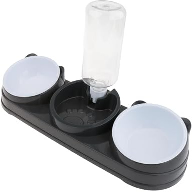 SZLIFE Set di Ciotole per Gatti 3 in 1, Ciotole per l'alimentazione Rialzate con Bottiglia d'Acqua Automatica, Ciotola rialzata per Gatti, Ciotola, Grigio