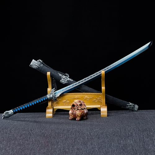 Samuraischwert Katana ungeschärft - Handgeschmiedet 1095 Kohlenstoffstahl Blaues Klingen-Finish - Echt Metall 109,5cm Deko Schwert mit Saya für Sammler, Dojo Training & Anime Deko