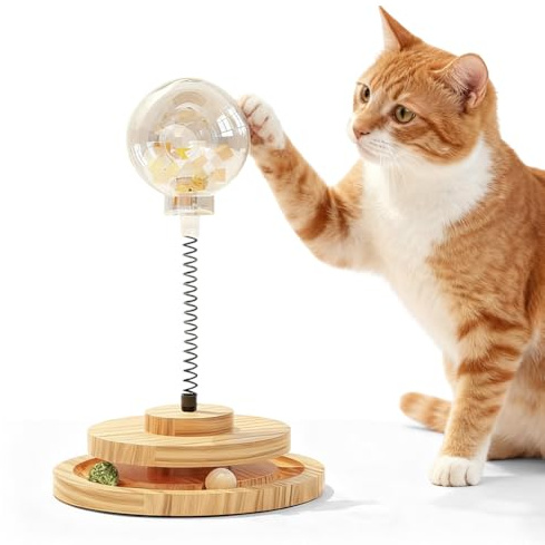 Peelanmall Jouet interactif pour chat avec balle de nourriture, jouet interactif en bois avec plateau rotatif, pour jouer et s'amuser