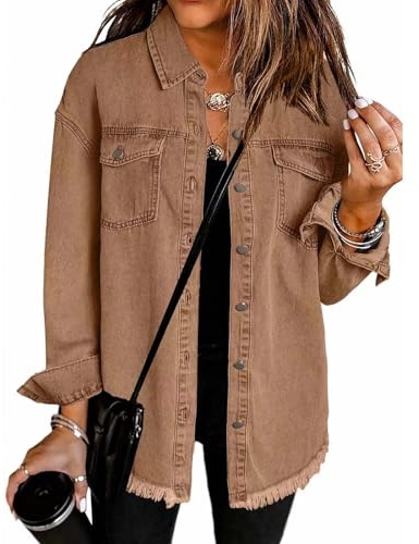 brown denim jacket women Denim Jackets Women Baggy Button Down Long Sleeve Jean Top Frayed Hem Boyfriend Style Casual Jean Coat with Chest Pockets Distressed Trucker Jacket for Spring Summer