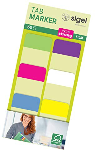 SIGEL HN203 Tab Marker, extra starke Haftmarker, 25 x 38 mm, 60 Streifen, für dauerhafte Anwendung, beschriftbar und rückstandsfrei wiederablösbar