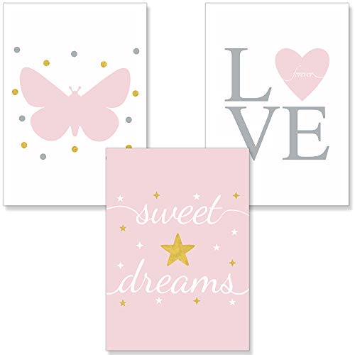 PREMYO Wall Art Prints Nursery Decor - Baby Room Decoration Girl - Kids Poster Set Love Heart Butterfly Pink Picture A4