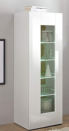 Vitrine Roana II Weiß Tiefzieh Hochglanz 45x131x38cm Schrank Wohnzimmerschrank Beistellschrank Stauraumelement Wohnzimmer Mehrzweckschrank Stauraum Größe mit Beleuchtung