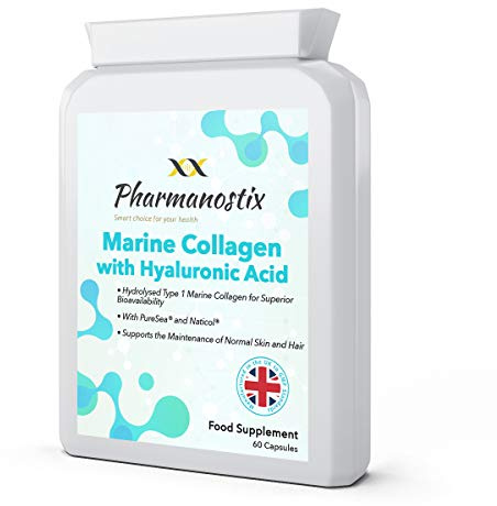 Marine Collagen with Hyaluronic Acid & Seaweed - 60 Capsules - Skin, Hair & Nails Formula with D-Biotin, Vitamin E & C - Highly Bioavailable Naticol® Hydrolysed Marine Collagen 500mg
