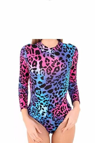 BODYWEAR LTD Damen-Body mit Rollkragen, langärmelig, Stretch, bedrucktes Gymnastikanzug, Neon Leopard, M-L