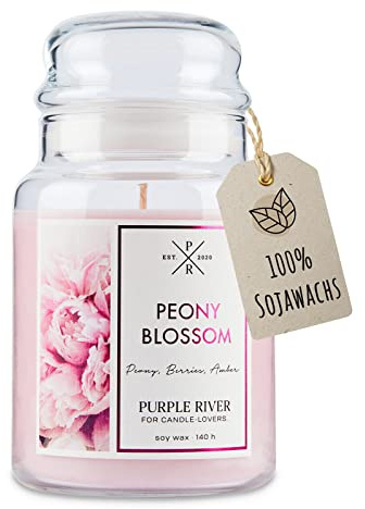 Purple River Große Duftkerze im Glas mit Deckel | Peony Blossom | Duftkerze Rose | Kerzen lange Brenndauer | Sojawachskerze | Geschenk Valentinstag