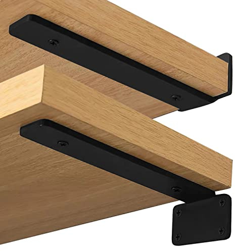 Oursouion Heavy Duty Shelf Brackets 4 Pack 1/5 Inch Thick Metal Wall Mounted Floating Shelf Bracket Hidden,Rustic Industrial Shelf Bracket Black Metal L Brackets for Shelves-6 inch
