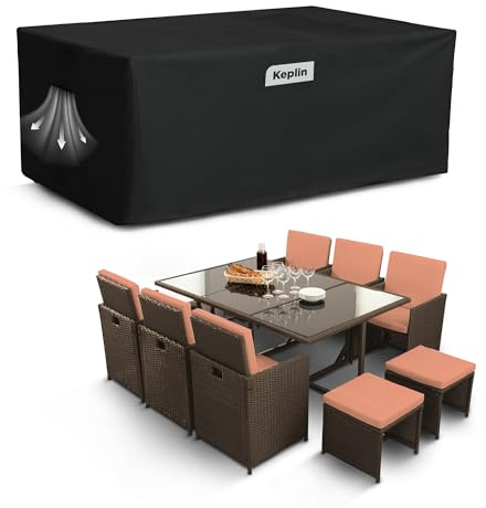 KEPLIN Waterproof Outdoor Furniture Cover - UV, Tear, Fade Resistant, 600D Oxford Fabric, PVC Coating, Air Vent, Attachment Straps & Storage Bag Included for Garden Table & Chairs (180x120x74cm),Black