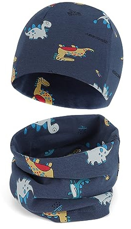 Cheerful Mario Cotone Berretto e Sciarpa Scaldacollo Coordinati per Bambini Modello Carino Neonato Cappello y Sciarpa Blu Dinosauro 3-7 anni