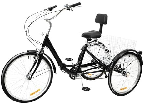 Owneed 24 Zoll Dreirad für Erwachsene 7 Gang Faltable Erwachsenendreirad mit Einkaufskorb und Rückenlehne, Klappdreirad 3 Räder Senioren Fahrrad Cruise Bikes City Tricycle
