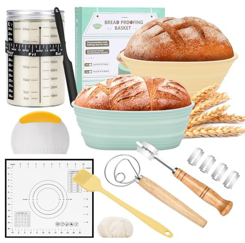 WADEO 18PCS Kit per avviamento Pasta Madre, 34OZ Kit per Fare Pasta Madre con 2 cestini per la lievitazione del Pane, termometro, misuratore del Tempo di Alimentazione e Accessori Completi
