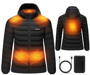 HEWINZE Veste Chauffante Femme avec batterie incluse,Manteau Chauffante Femme avec capuche pour L'hiver, la Chasse, L'extérieur, le Camping, Ski Équitation.