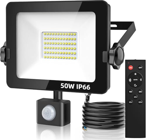 Totofac 50W Outdoor Motion Sensor Security Lights with IR Remote Control, 5000lm, Cool White, Outdoor Lights, Mains Powered, IP66, for Backyard, Garden