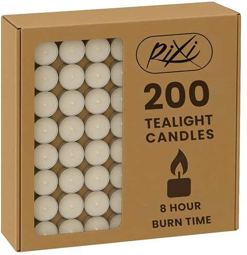 RIXI Unscented Tea Lights, 8 Hour Burn Time (3.8cm D x 1.8cm H), Smoke-Free, Clean Bright Flame – Long-Lasting Wax Tealight Candles, Ideal for Weddings, Home Décor, Aromatherapy (Pack of 200)