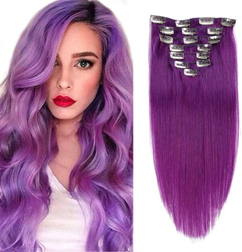 Extensions de cheveux à clip pour femmes, Véritables extensions de cheveux humains épais de la racine à la pointe, Pinces à cheveux naturels en sept pièces, violet #Lila,20inch (50cm)
