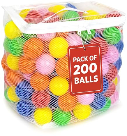 MW SPORTS Ball Pit Balls for Kids and Toddlers, Plastic Crush Proof, Phthalate & BPA Free, in Reusable Mesh Storage Bag, Assorted Colors (200 Balls)