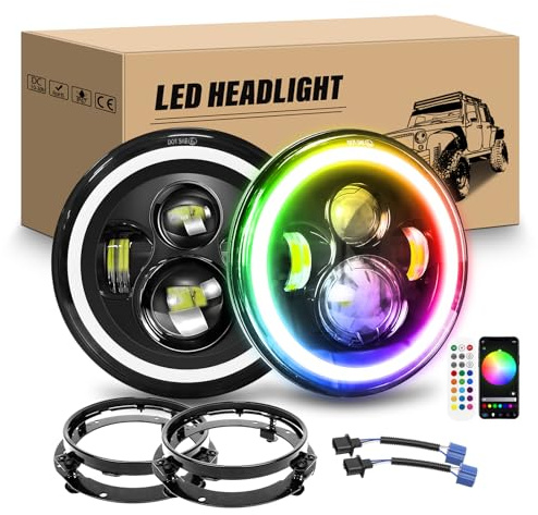 RIGIDON 2Pcs 7 Pollici Fari LED con Anello Di Montaggio, 50W 5000LM Faro a Led Bianco RGB Rotonde Luci Fuoristrada Hi/Lo Fascio DRL Anteriore Faro Lampada per Wrangler JK TJ LJ CJ Hummer