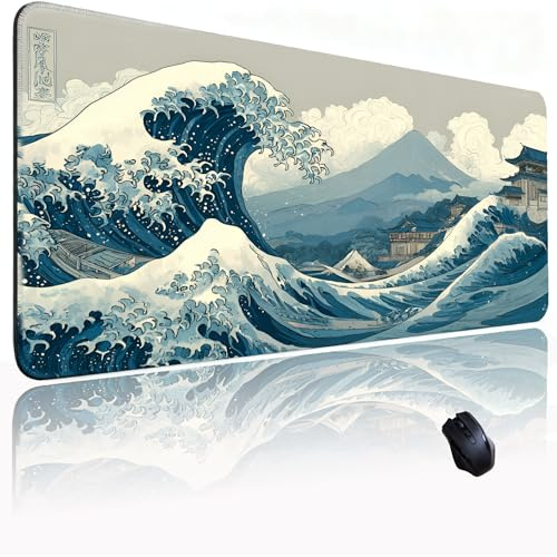Gudnis Kanagawa Wave Surfing Mouse pad,Large Japanese Anime Pattern Desk mat with Sewn Edges, microwoven Fabric, Easy to Clean, Suitable for Laptop Gaming Mouse pad (31.5×11.8in)