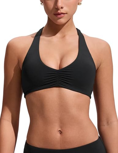 CRZ YOGA Ruched Front Halter Bikini Tops | Removable Pads, A-C Cup, Scoop Neck, Backless, Swim, Bathing Suit for Women