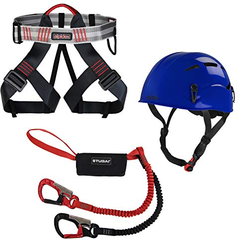 ALPIDEX Kletterhelm Klettergurt + Stubai Klettersteigset BASIC 3.0, Farbe: Royal Blue, Größe: Gurt - Universalgröße/Red Pepper
