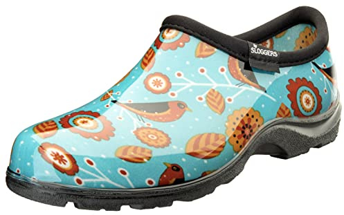 Sloggers Original Waterproof Rain and Garden Shoe for Women– Outdoor Slip-On Garden Clog - Made in The USA with Premium Comfort Insole and Arch Support - Lt Blue Bee Print, Size 8