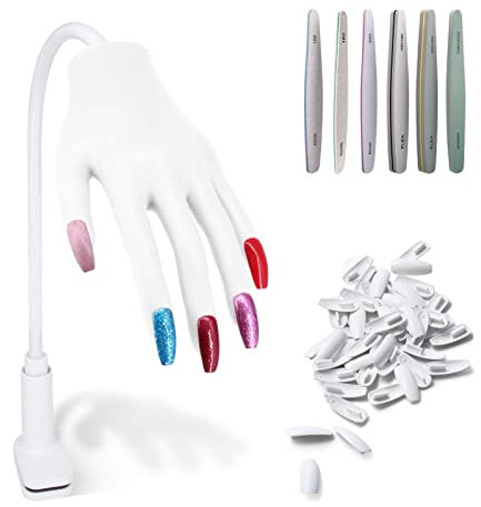 Silicone Main D'entrainement Manucure Pratique Faux Nail Art, Flexible Mains et Doigts D'entraînement + Limes et Polissoirs à Ongles Ensemble (blanche)