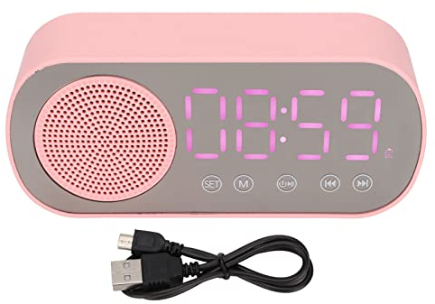Réveil Numérique, Petite Horloge de Bureau Bluetooth 5.0 Horloge Haut-parleur Rose Hifi LED Miroir écran Micro Usb Radio-réveil Horloge Intelligente pour Chambre à Coucher,