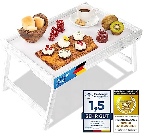 Frühstückstablett Bambus Bett-Tablett Serviertablett Betttisch mit klappbaren Beinen - auch als Lapdesk, Notebook-Tisch verwendbar (Weiß)