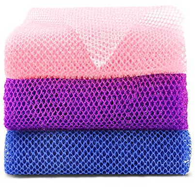 3 Pcs African Exfoliating Net African Net Sponge, 80x30cm Long African Shower Sponge Body Sponge Exfoliating Sponge for Men and Women Deep Cleaning(Purple Pink Blue)