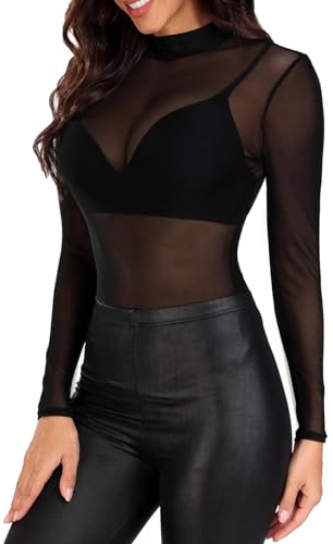 Crop Top Sexy Mujer Camiseta Transparente de Mujer Top Blusa Ajustada de Manga Larga Tops Cortos T Shirt Slim Chic Clubwear Casual Noche de Cuello Redondo Alto Bodycon Elástico (Negro 4, L)