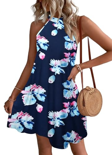WNEEDU Damsommarklänning halterneck klänningar strandtäckande mini ärmlös solklänning med fickor, Marinblå rosa blomma, S